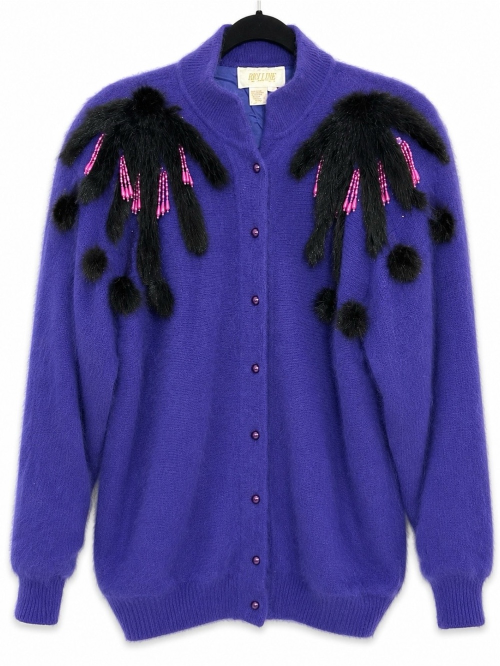 Vintage Belldini Purple Cardigan with Black Fur & Pink Bead Accents Size M
